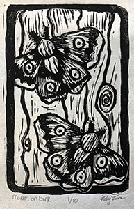 Image of Haley Stone's linoleum print, Moths on Bark.