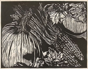 Image of Mary Theetge's linoleum print, Fall Harvest.